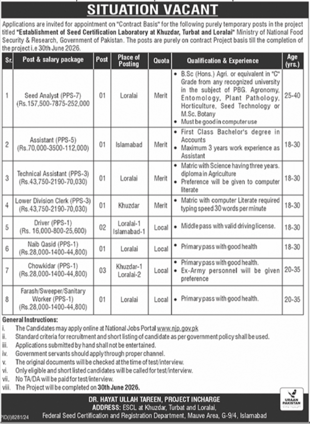 Ministry of National Food Security and Research Jobs 2025