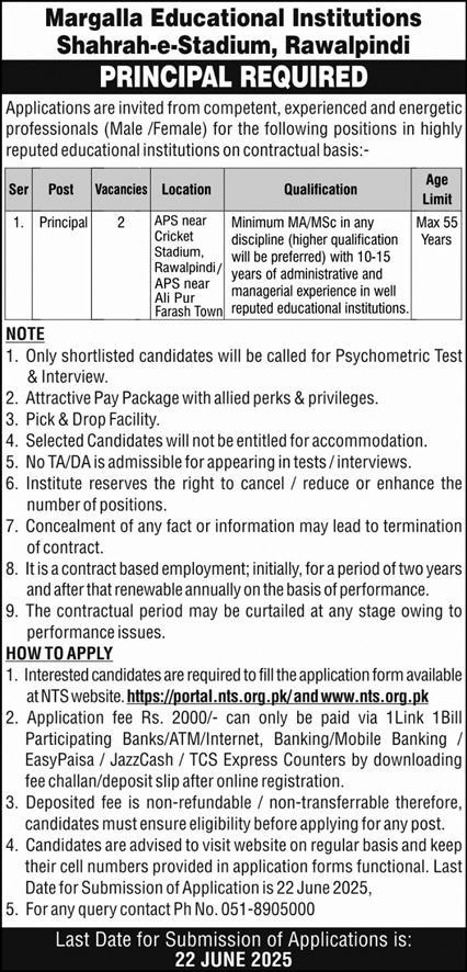 Principal Positions Open at Margalla Educational Institutions, Rawalpindi
