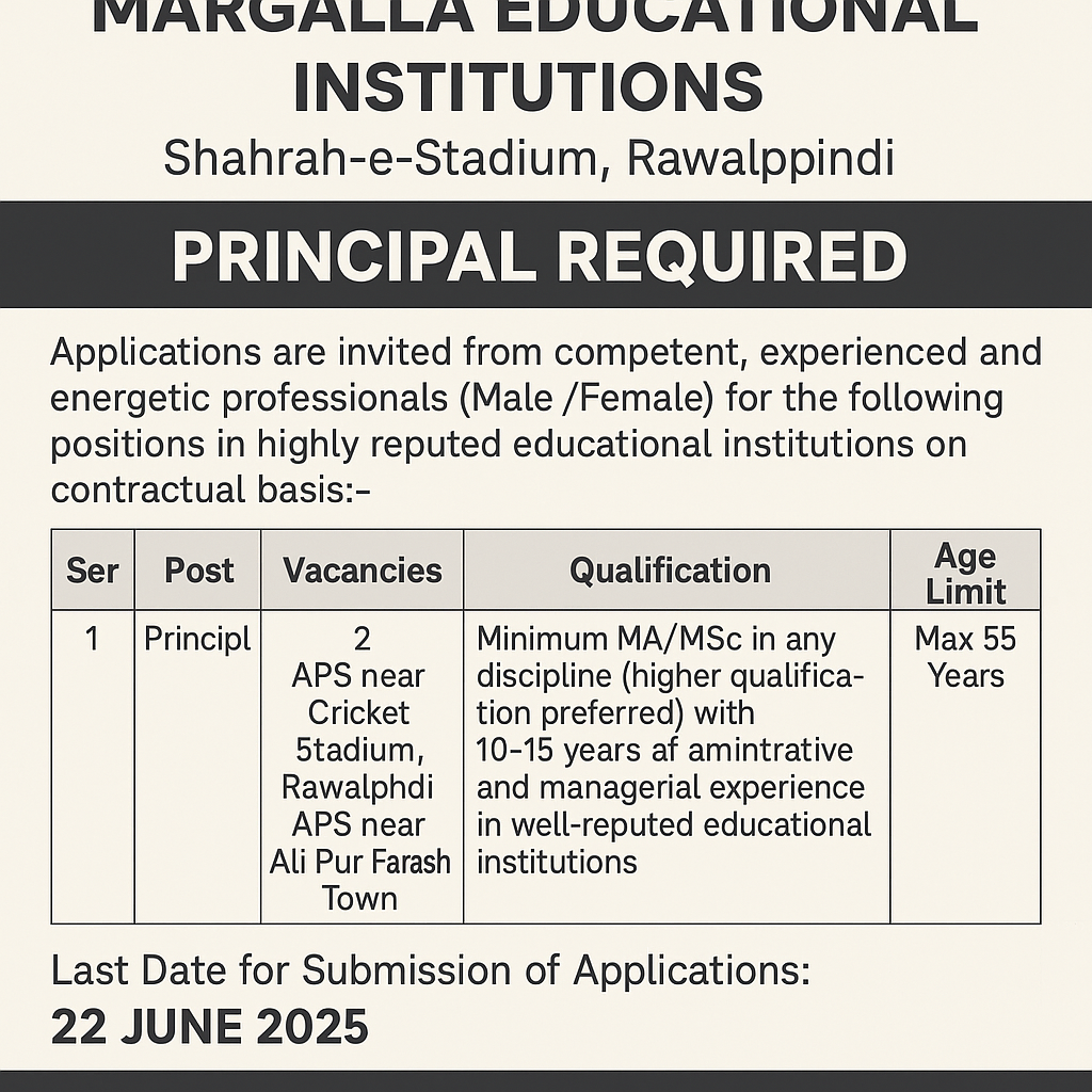 Principal Positions Open at Margalla Educational Institutions, Rawalpindi